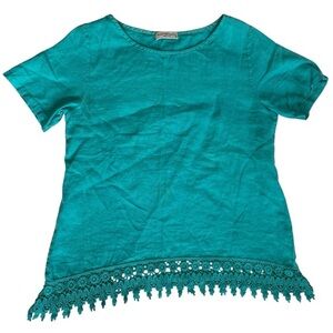 Vtg Terzo Millennio Teal Boxy Linen Womens Top Size S Embroidery Boho Indie